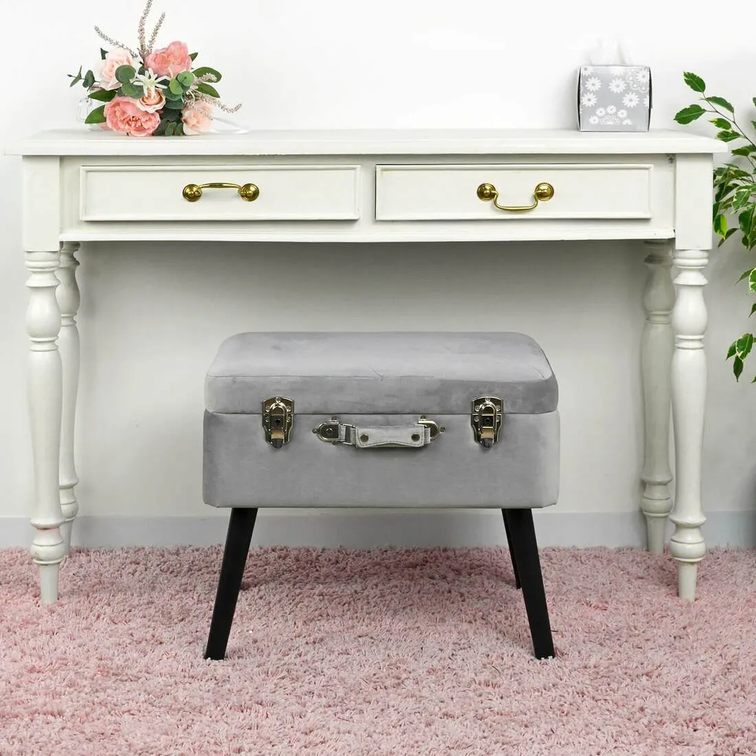 Suitcase Storage Stool Velvet Seat Black Legs Silver Clasps