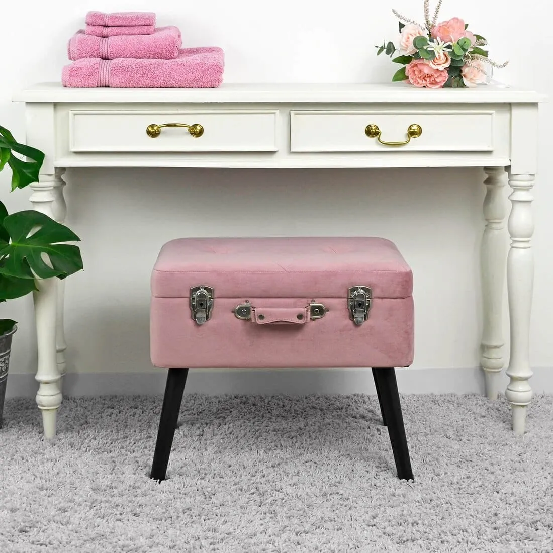 Suitcase Storage Stool Velvet Seat Black Legs Silver Clasps