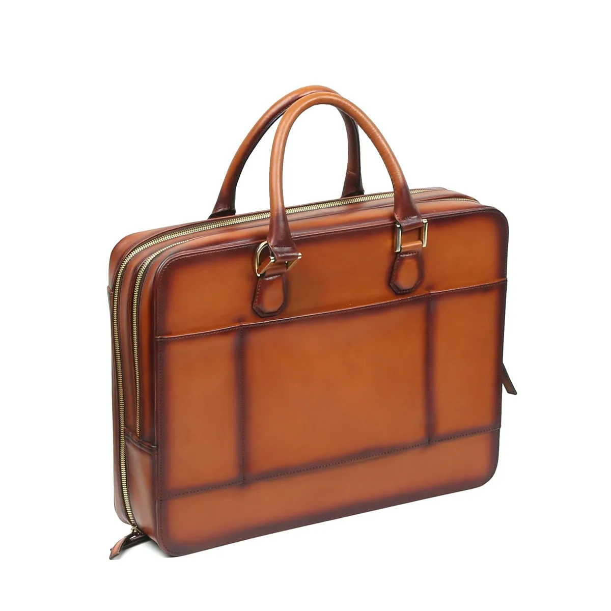 Tan Leather Embossed Lion Laptop Briefcase with Organizer Compartment by Brune & Bareskin