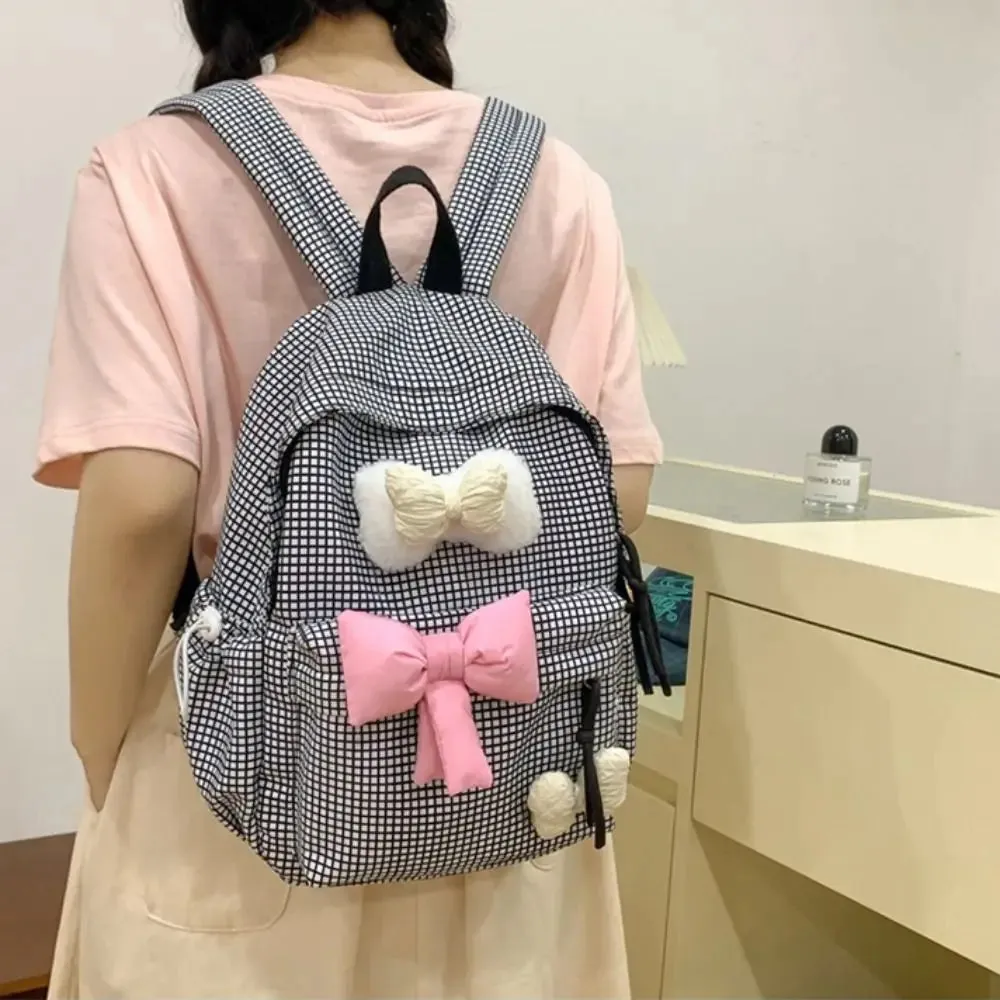 TAVIMART  -  Large Capacity Cute Bowknot Backpack Solid Color Korean Style Nylon Student School Bag Lattice Lightweight