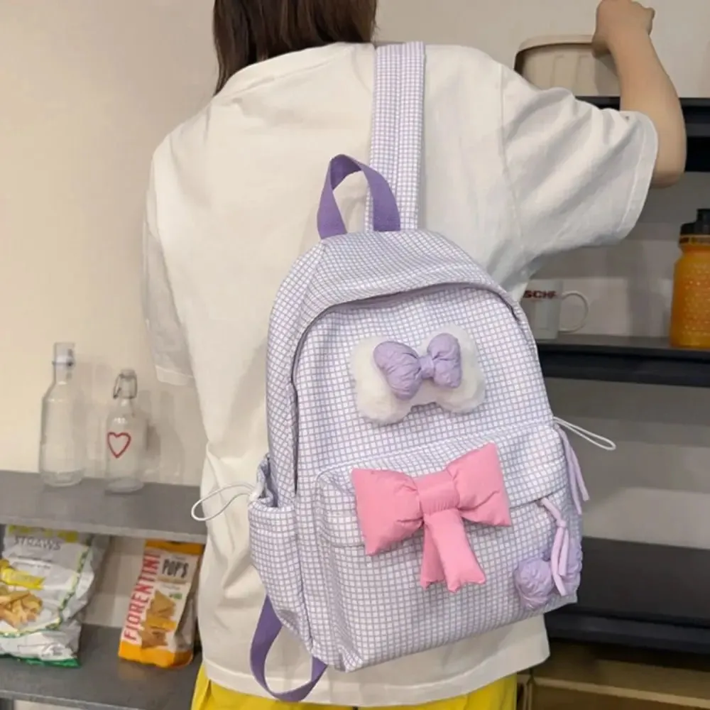 TAVIMART  -  Large Capacity Cute Bowknot Backpack Solid Color Korean Style Nylon Student School Bag Lattice Lightweight