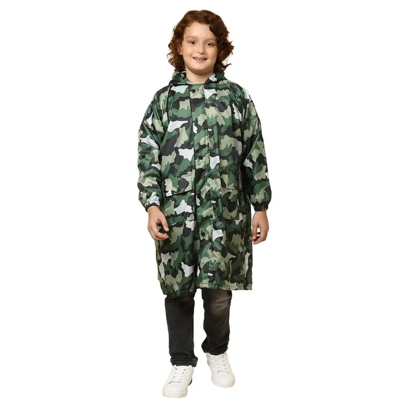 THE CLOWNFISH Archie Series Kids Waterproof PVC Longcoat with Adjustable Hood & Extra Space for Backpack/Schoolbag Holding. Plastic Pouch. Kid Age-8-9 years (Size-33-Green)