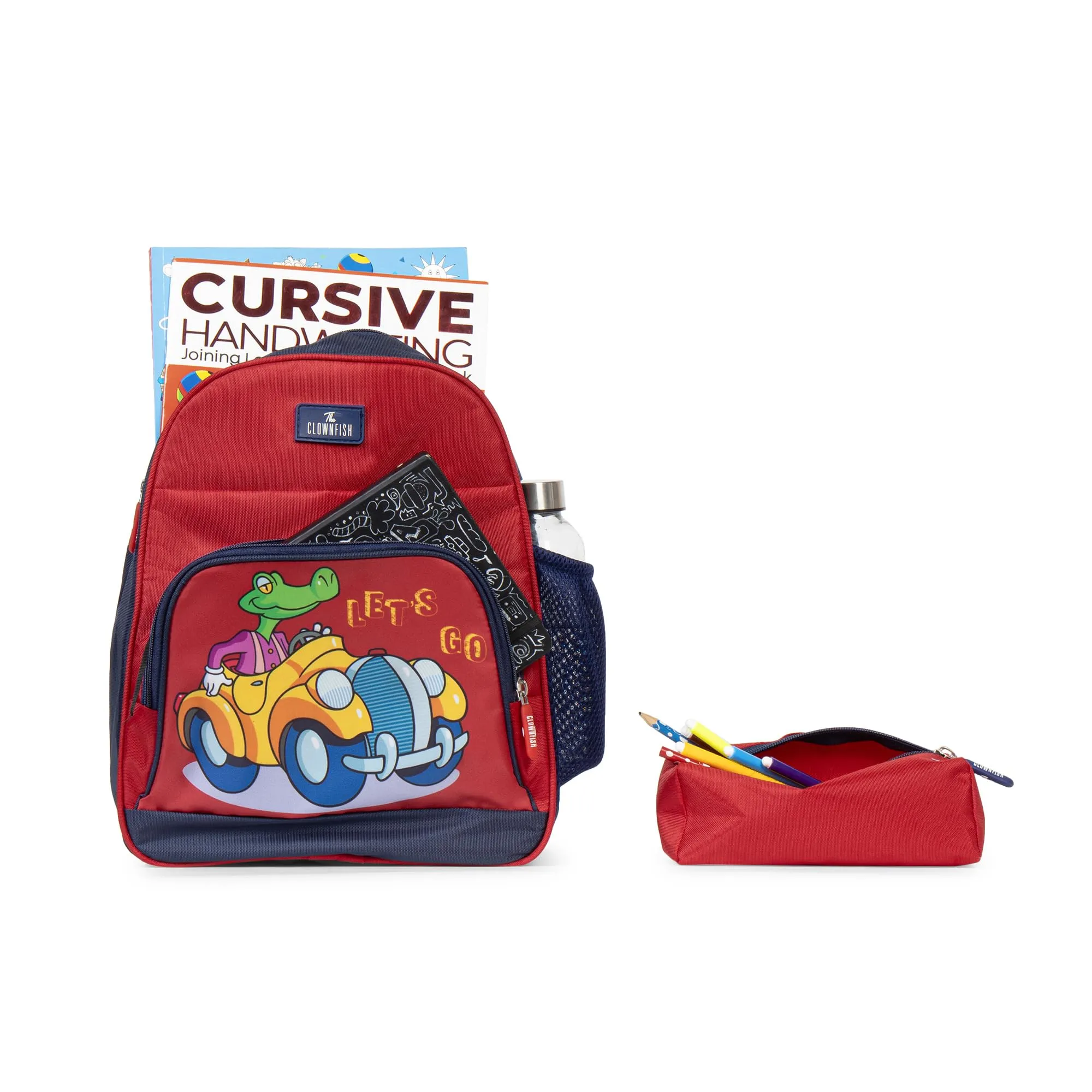 THE CLOWNFISH Mini Explorer Series Printed Polyester 12 Litres Kids Backpack School Bag with Pencil Staionery Pouch Daypack Picnic Bag for Tiny Tots. Age 3-5 Years (Red - Car)