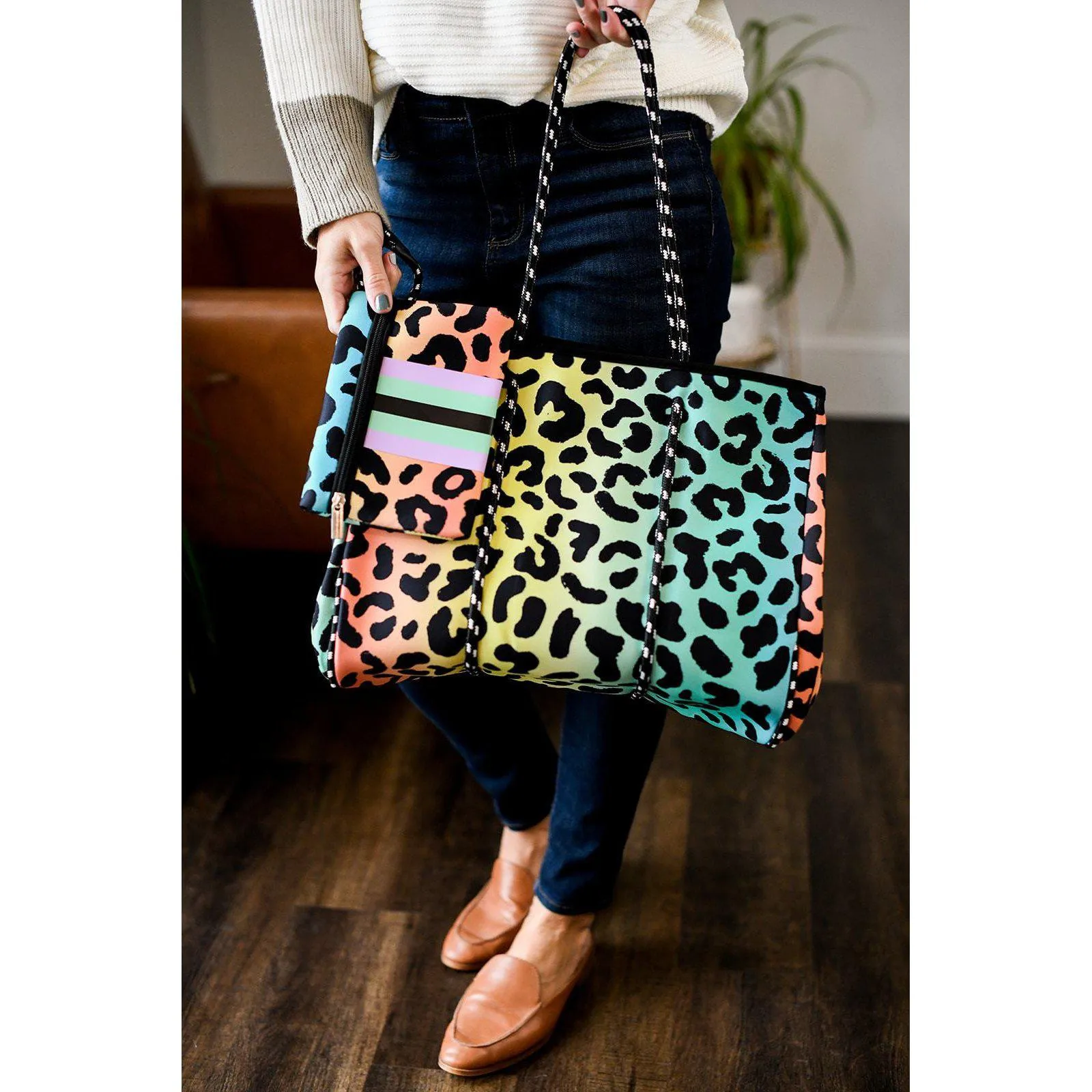 THE JENNA, RAINBOW LEOPARD- GORGEOUS NEOPRENE BAG