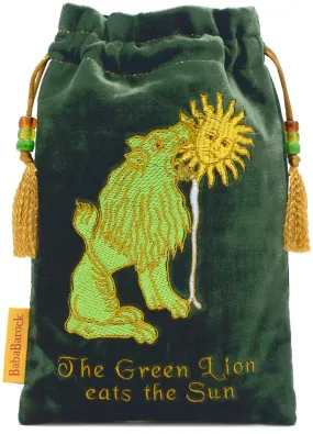 The Lion eating the Sun. Embroidered alchemical drawstring bag in silk velvet.