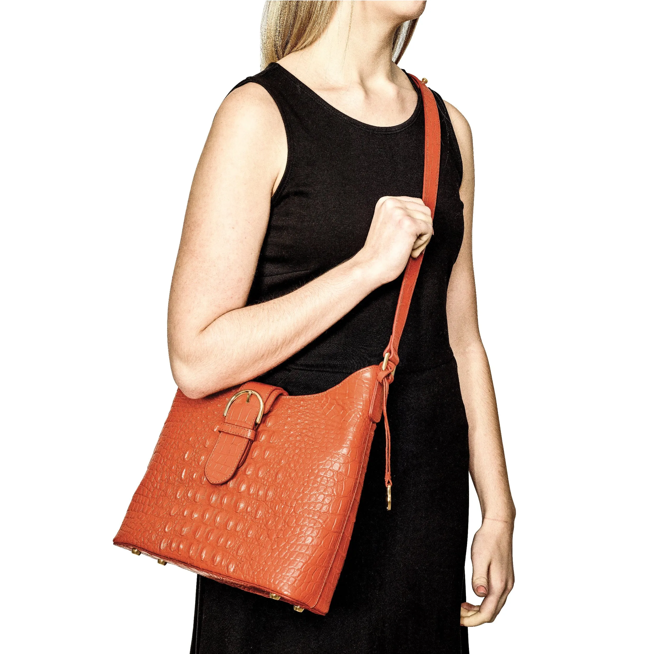 Top Grain Leather Croc Texture Cotton Lining with Removable Center and Side Zip Compartment Two Slip and Pen Pockets Key Fob Metal Feet Marigold Zip top with Magentic Buckle Strap Handbag