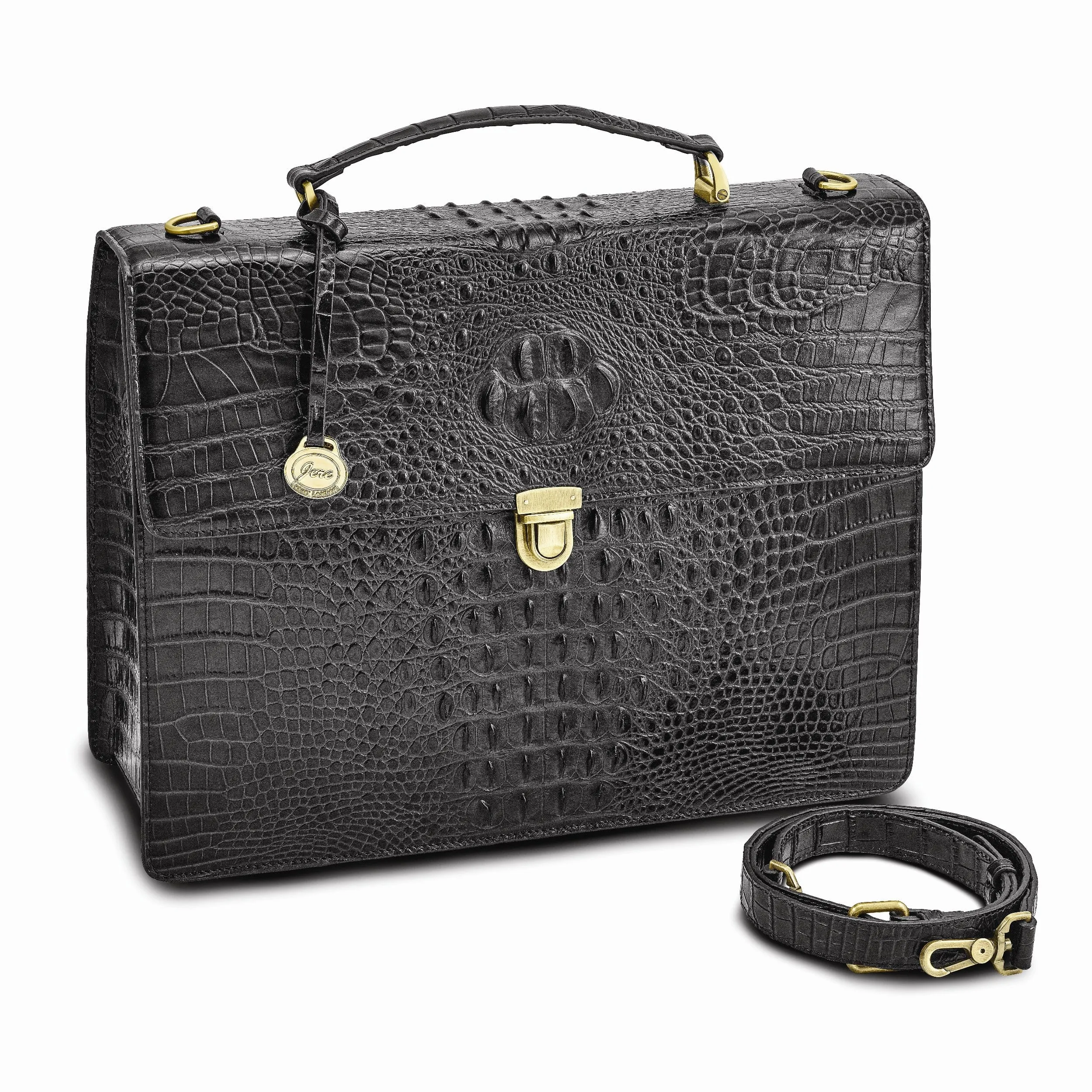 Top Grain Leather Croc Texture Top Handle Black Briefcase Bag