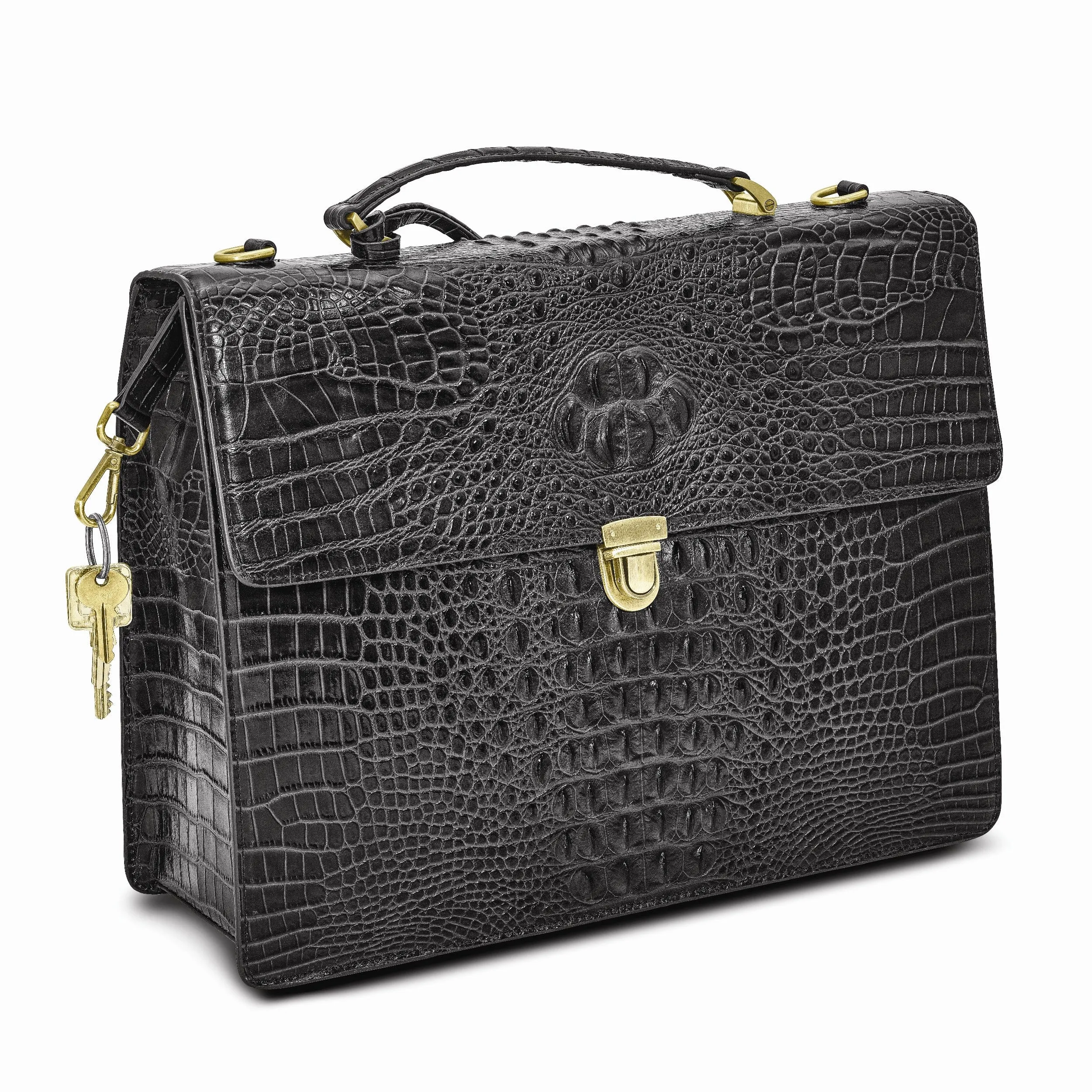 Top Grain Leather Croc Texture Top Handle Black Briefcase Bag