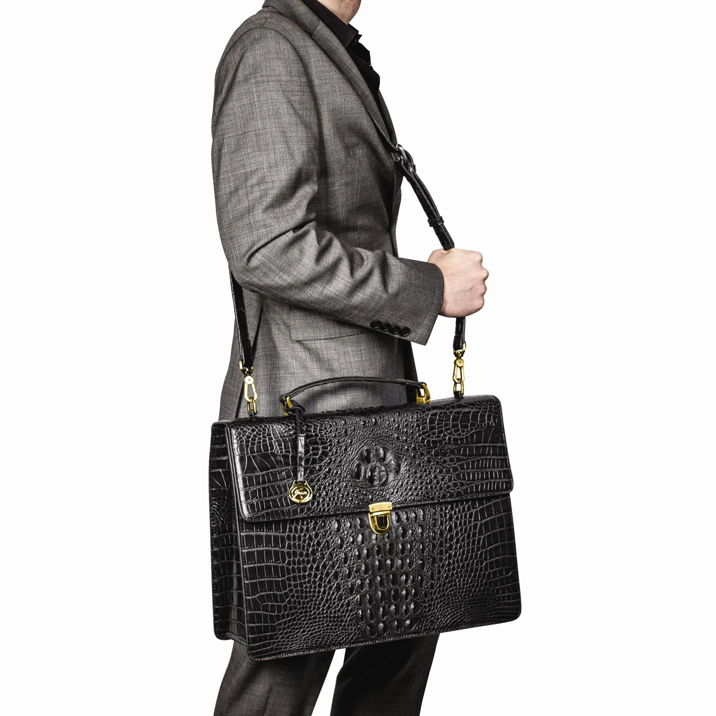 Top Grain Leather Croc Texture Top Handle Black Briefcase Bag