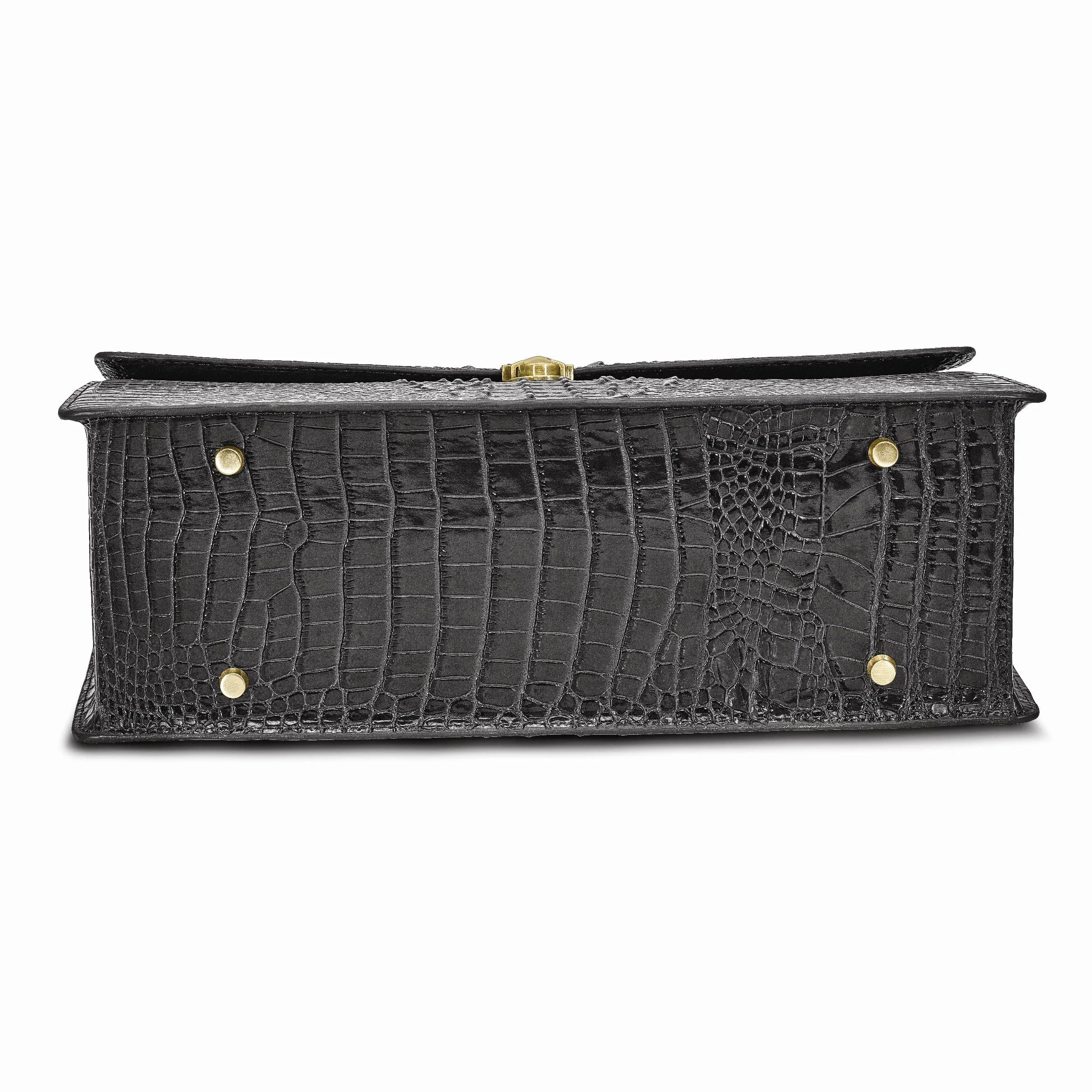 Top Grain Leather Croc Texture Top Handle Black Briefcase Bag