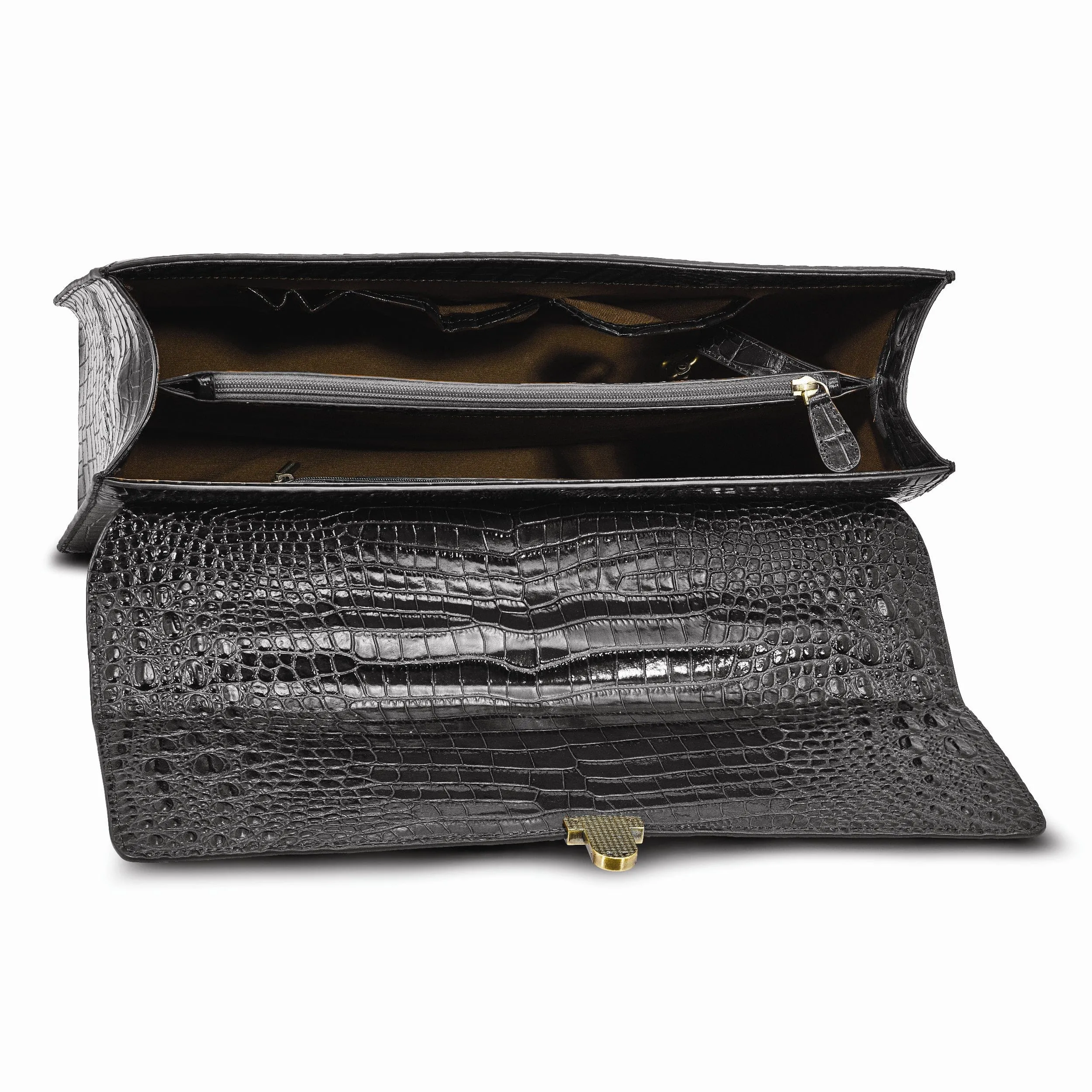 Top Grain Leather Croc Texture Top Handle Black Briefcase Bag