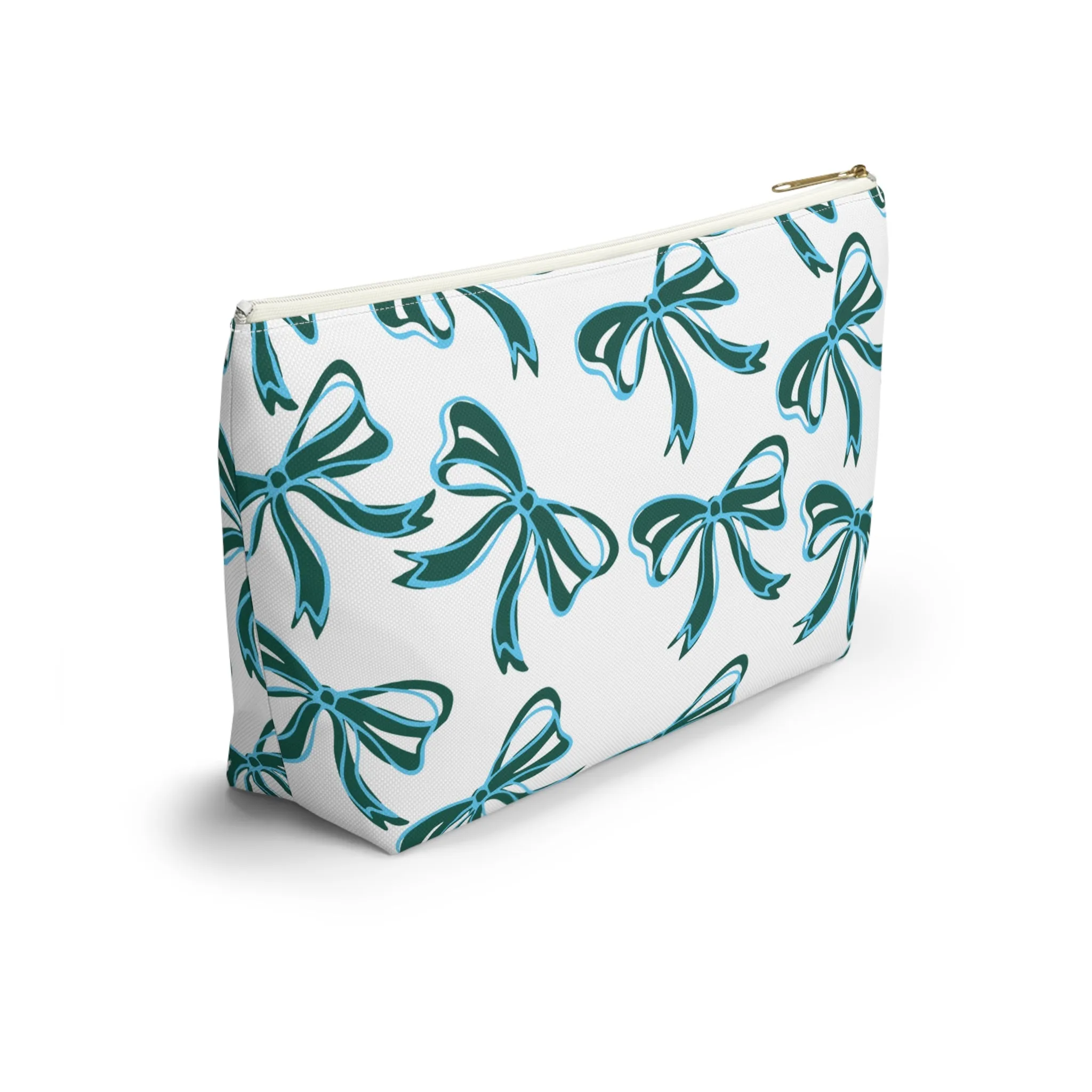 Trendy Bow Makeup Bag - Graduation Gift, Bed Party Gift, Acceptance Gift, College Gift, Tulane, Blue and Green