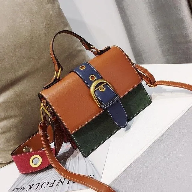 TTOU Female PU Leather Bag Hit Color Portable Shoulder Bag Women Fashion Crossbody Bag Panelled Messenger Bag