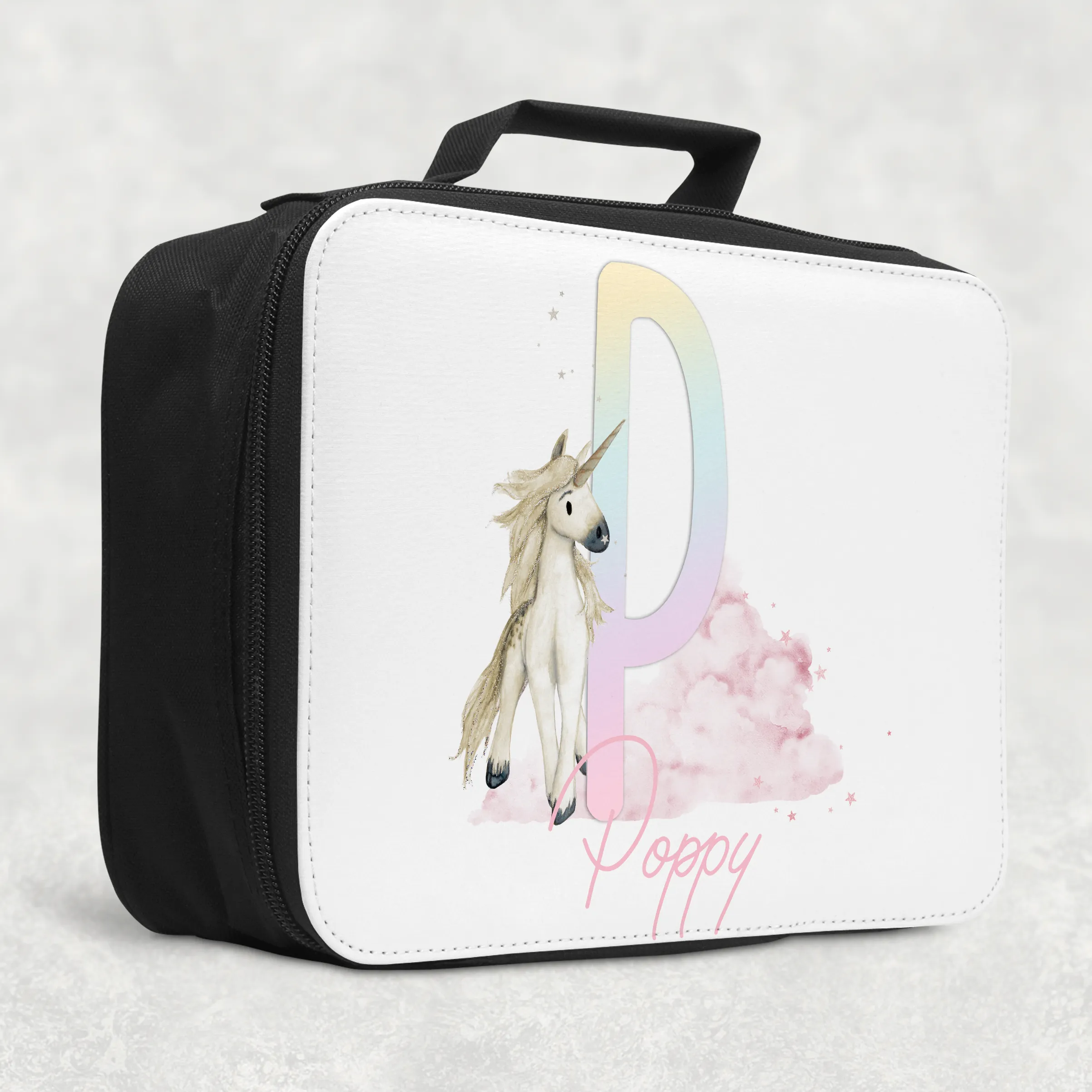 Unicorn Rainbow Alphabet Personalised Insulated Lunch Bag