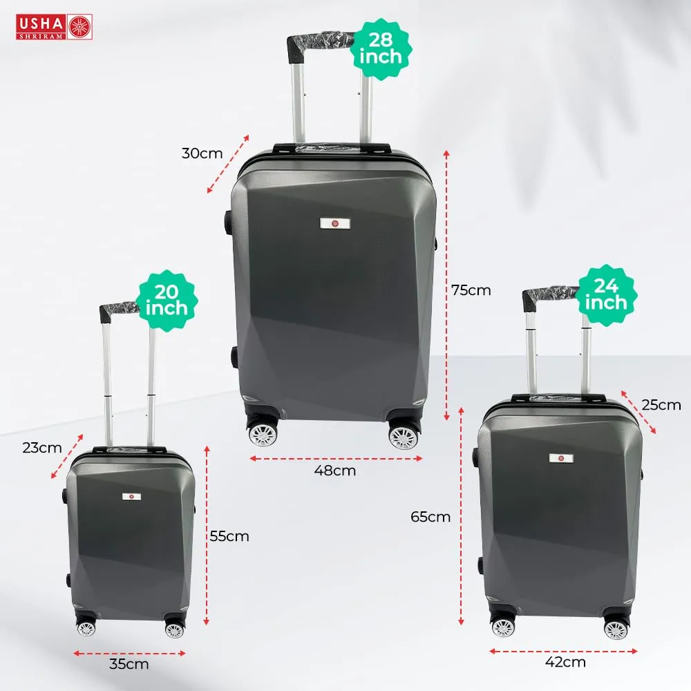 USHA SHRIRAM ABS (Cabin & Check-In Bag) 20|24|28 inch Luggage Bag (55cm, 65cm, 75cm)|Trolley Suitcase Luggage for Men Women |360 Degree Wheel | Travel Bags for Luggage Trolley Carry On Suitcase (Grey)