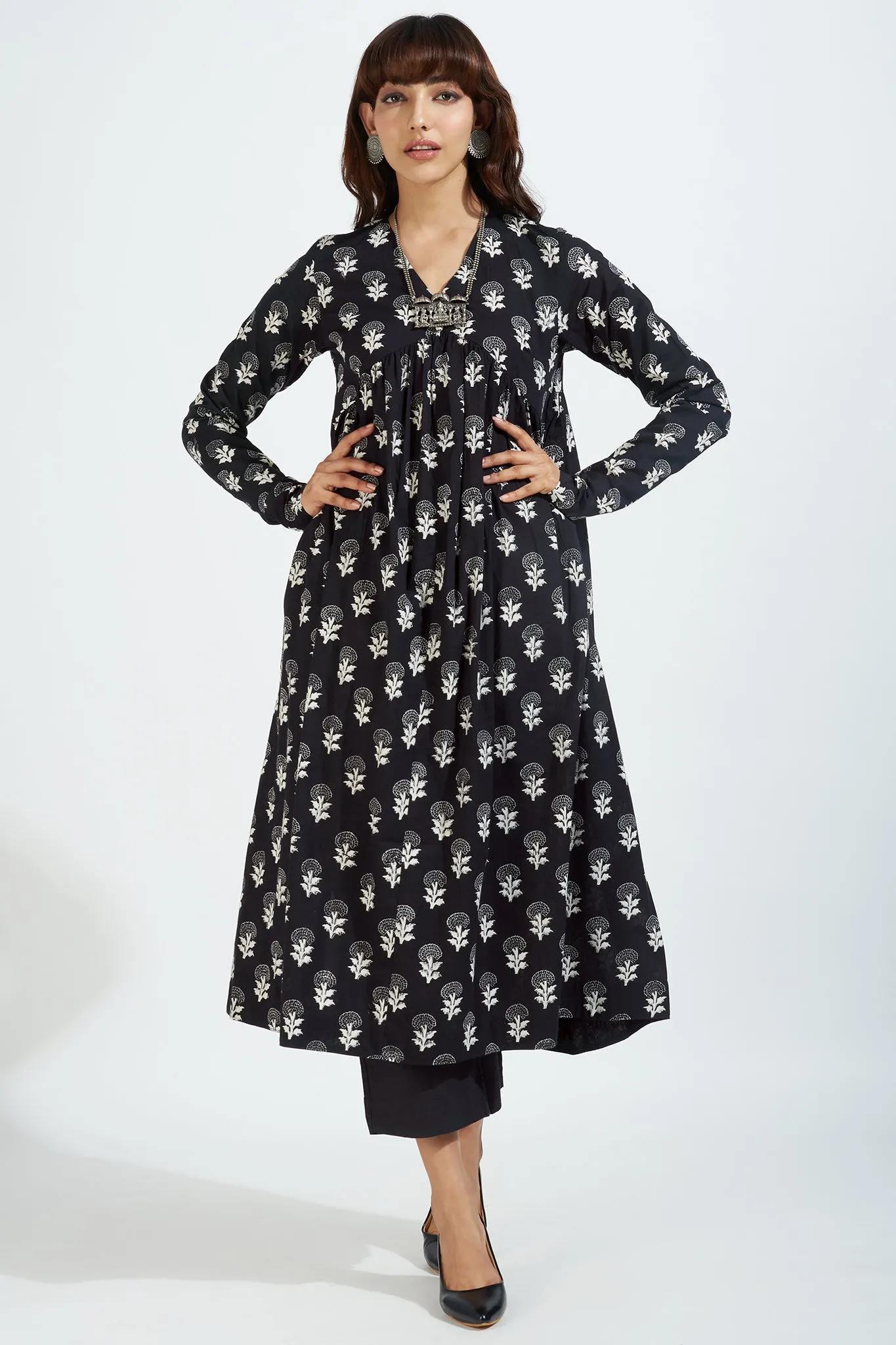 v-neck gather anarkali with chudidar sleeves -  monochrome reverie & fragrant parijat