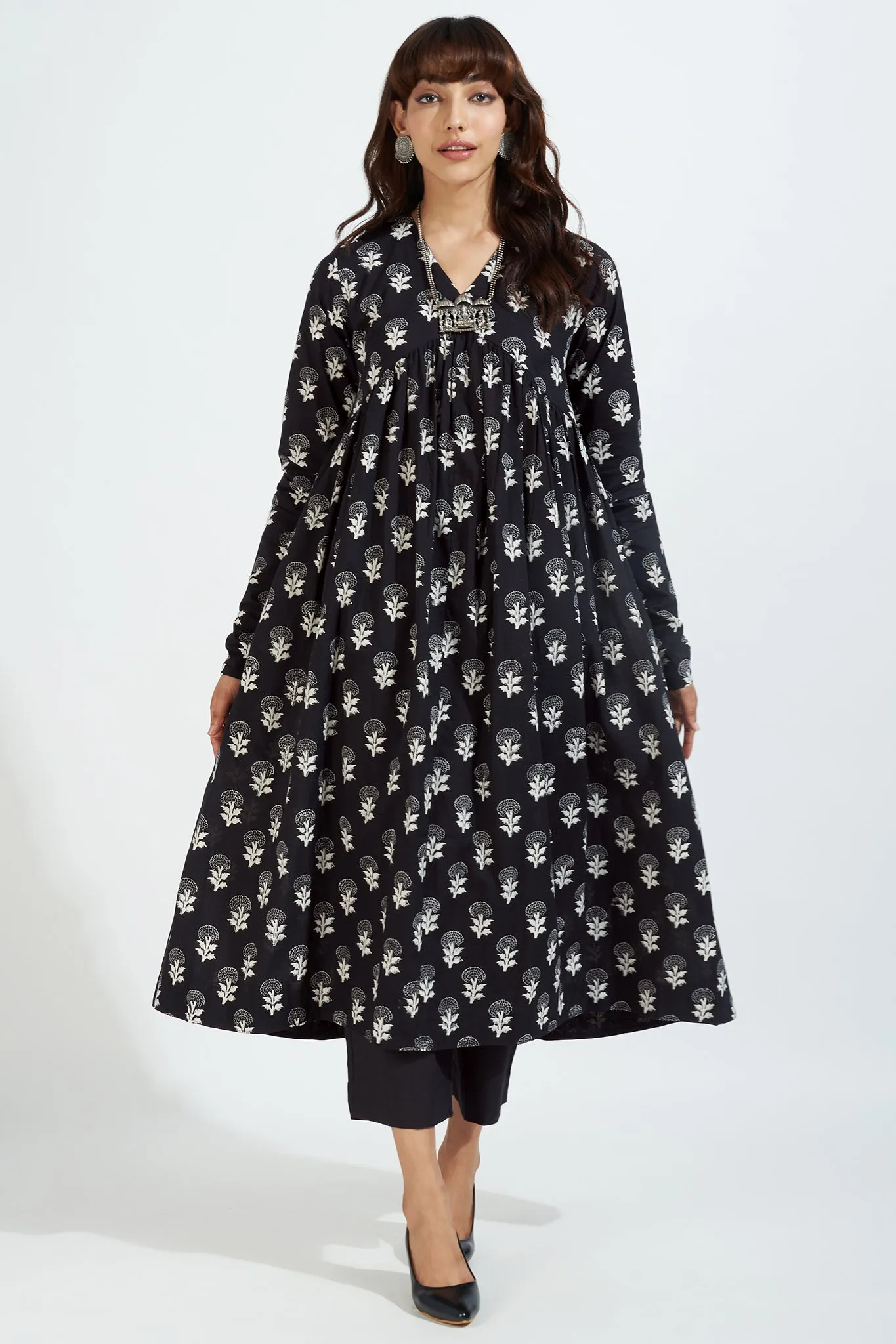 v-neck gather anarkali with chudidar sleeves -  monochrome reverie & fragrant parijat